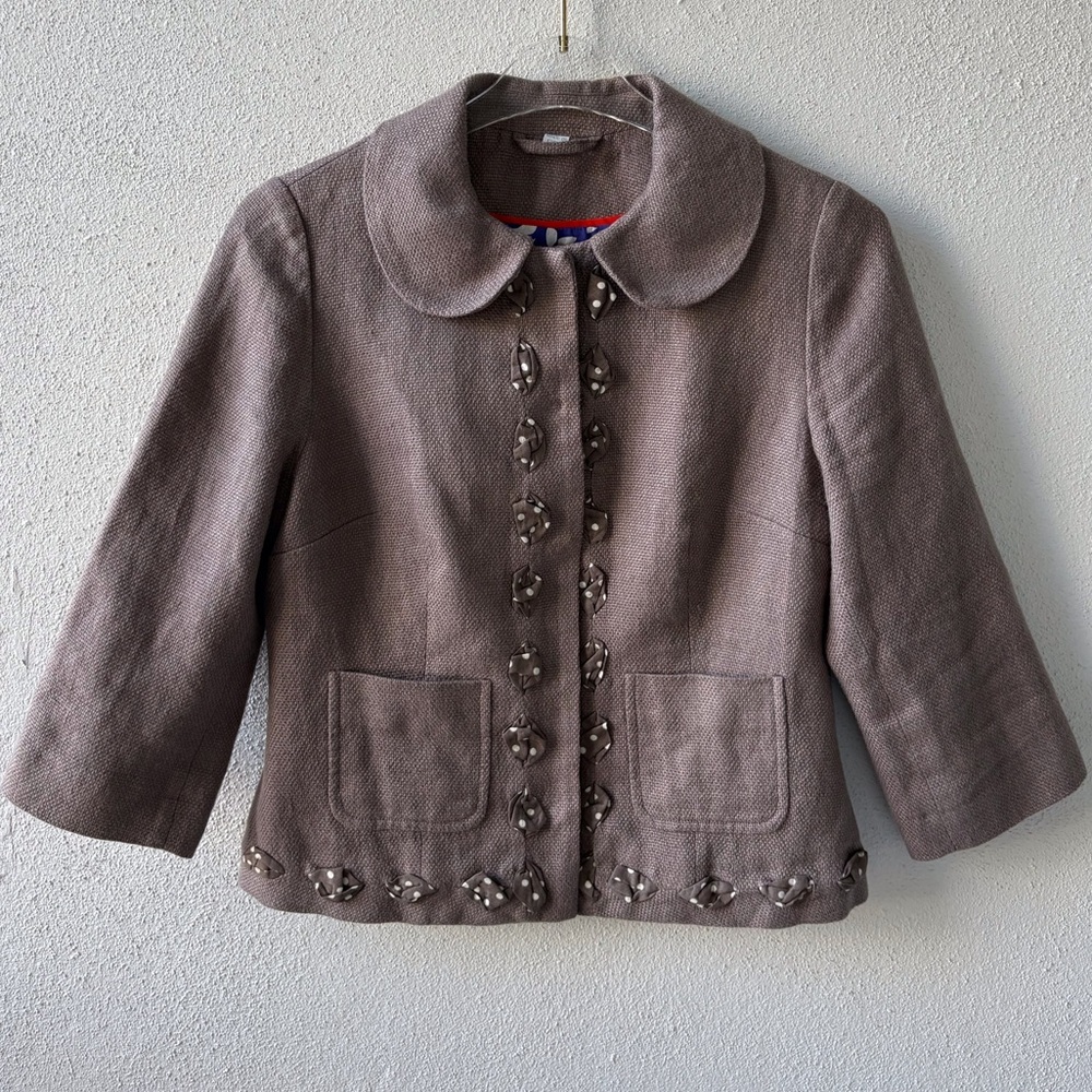Boden Size 6 Linen Cotton Jacket Peter Pan‎ Collar Polka Dot Button Detail Taupe